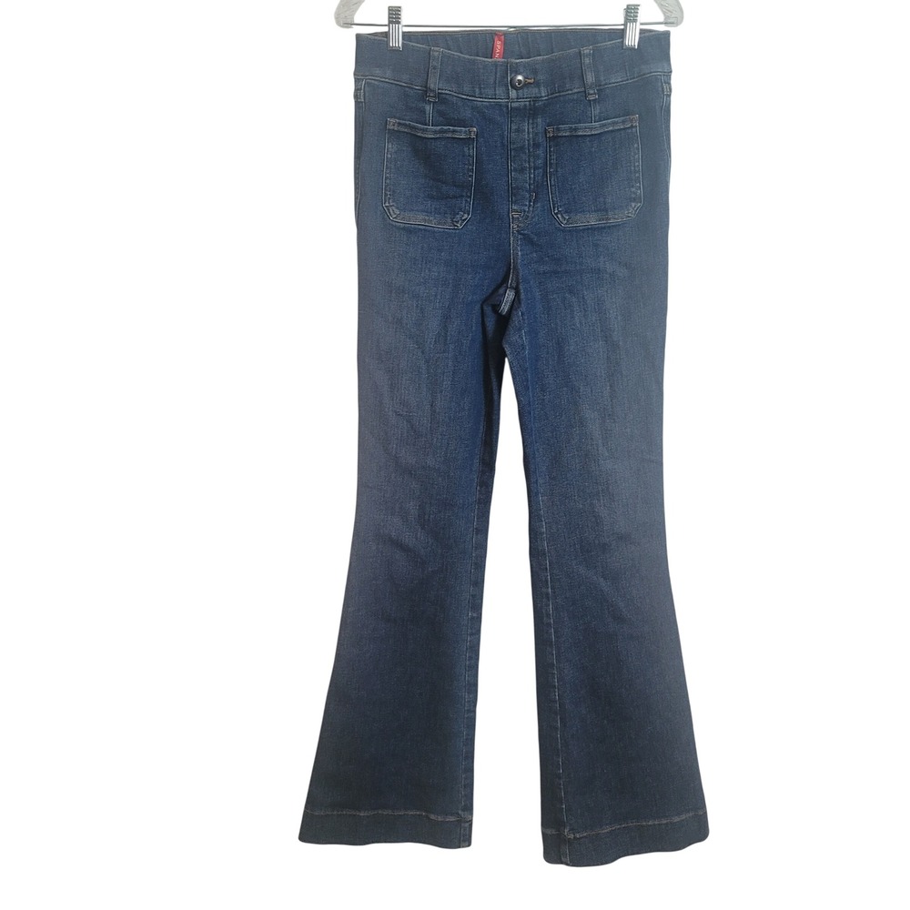 Spanx Flare Jeans Dark Wash High Rise Patch Pocket Pull On Denim Womens Medium M